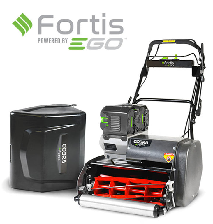 Image of cobra fortis 20E Mower and battery pack with Fortis and EGO branding on a white background