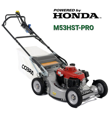 Cobra M53HST walk behind mower against a white background with Honda logo