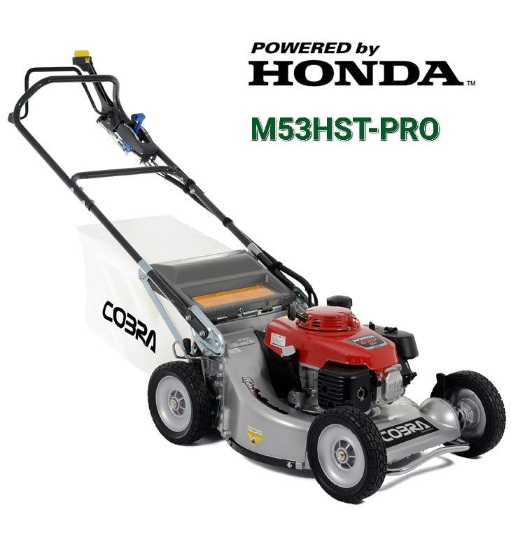 Cobra M53HST walk behind mower against a white background with Honda logo