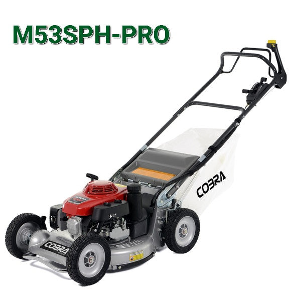 Cobra m53sph-pro push along mower against a white background 