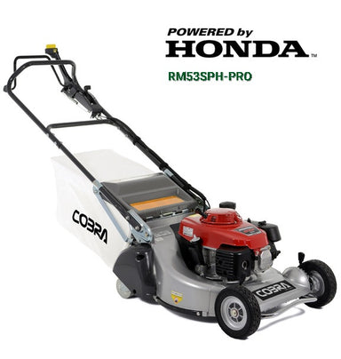 Cobra rm53sph-pro roller Mower with Honda engine on a white background