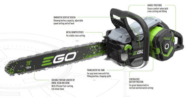 Ego csx5000 pro x chainsaw showing its features against a white background 