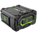 A 40 amp hour Li-ion+ high-capacity cordless battery pack in black and neon green, shown at a three-quarter angle on a solid white background.