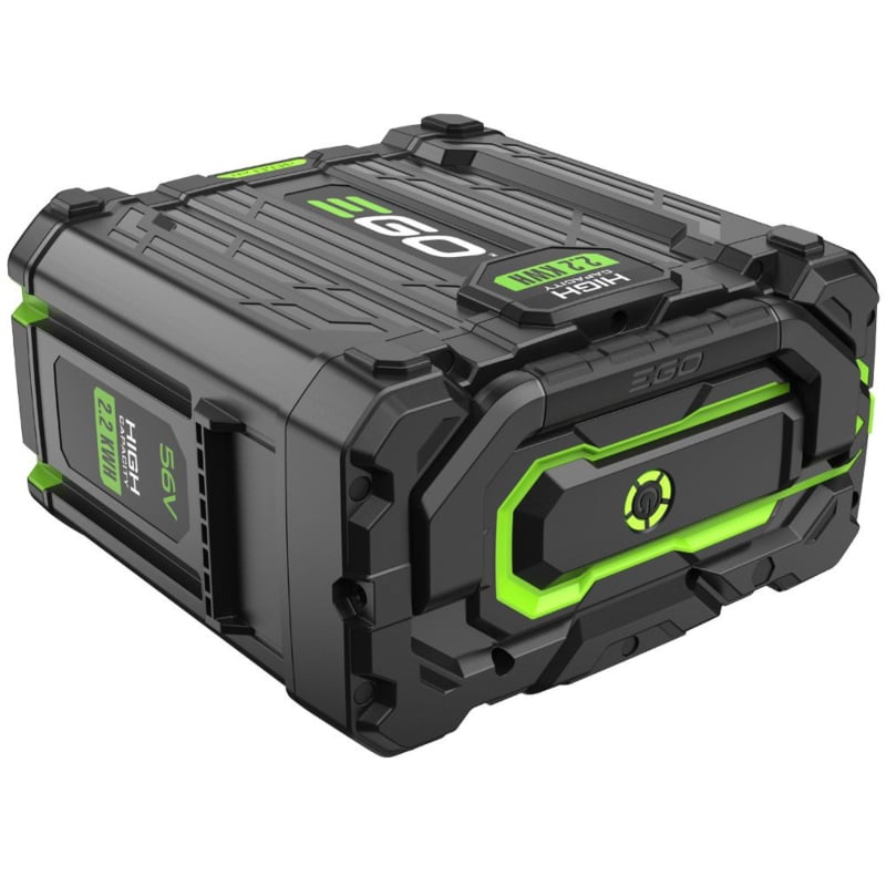 A 40 amp hour Li-ion+ high-capacity cordless battery pack in black and neon green, shown at a three-quarter angle on a solid white background.