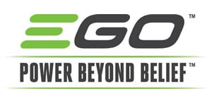 The EGO brand logo with green and black lettering on a white background, above the slogan 'POWER BEYOND BELIEF' in dark gray text.