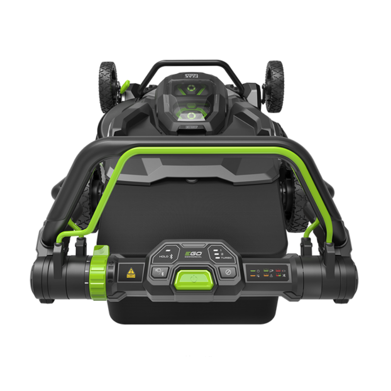 A front-facing view of a cordless electric lawnmower on a solid white background. The mower features a black body with prominent lime green accents on the handlebars, guard bar, and control panel.