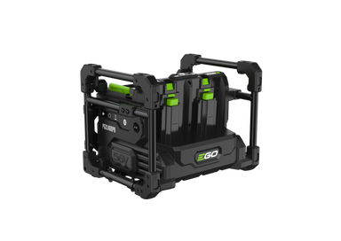 A black 36V EGO battery charger and battery pack system with bright green accents, shown on a solid white background.