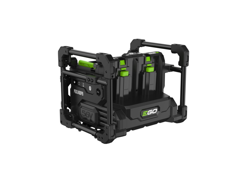 A black 36V EGO battery charger and battery pack system with bright green accents, shown on a solid white background.