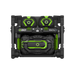 A rugged black and neon green portable power station or battery pack with dual circular front vents, a front control panel, and a large central battery compartment, shown on a plain white background.