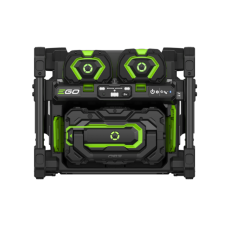 A rugged black and neon green portable power station or battery pack with dual circular front vents, a front control panel, and a large central battery compartment, shown on a plain white background.