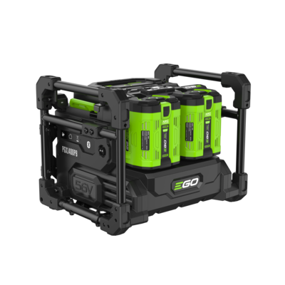 A cordless power tool battery pack with a black protective frame and two bright green EGO lithium-ion batteries attached, shown on a plain white background.