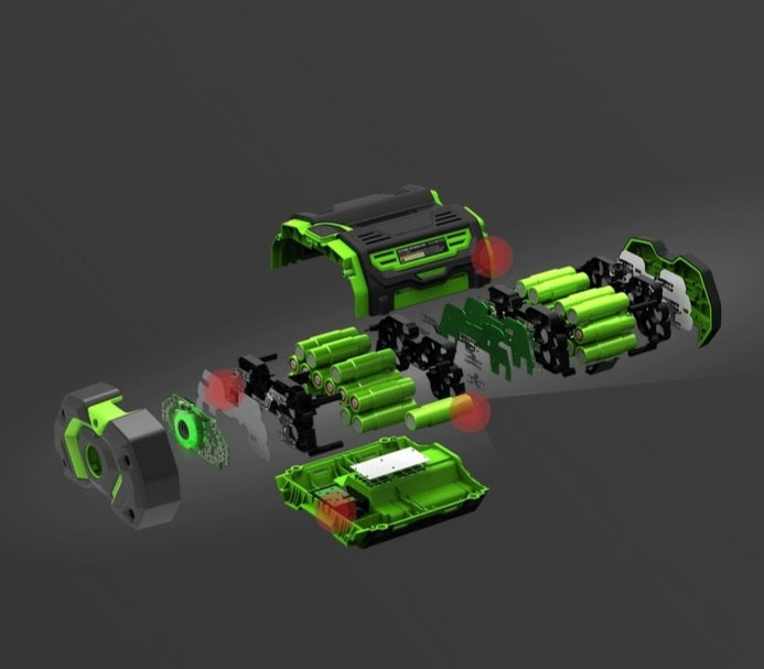 An ego battery,  green and black robotic vehicle or model kit shown in an exploded, disassembled view on a dark gray background, with multiple separated parts floating around the main body.