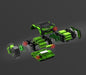 An ego battery,  green and black robotic vehicle or model kit shown in an exploded, disassembled view on a dark gray background, with multiple separated parts floating around the main body.