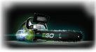 A cordless chainsaw with integrated LED lights on the handle and front, shown in a dark studio-style setting with green glow effects. The bar and handle are black with bright green and white EGO branding.