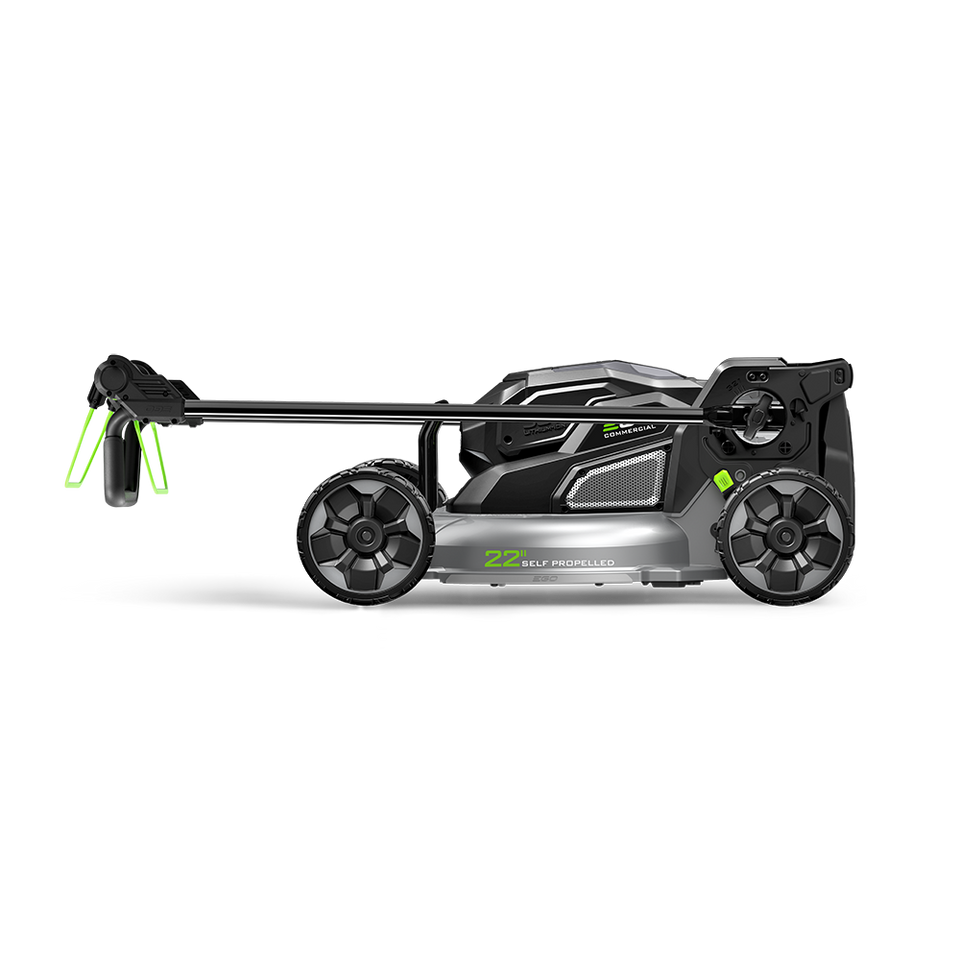 A ego LMX5300SP side profile view of a black and silver cordless lawnmower with a long handle and green accents, set against a solid white background.