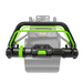 A close-up of a ego LMX5300SP lawnmower handlebar control unit with bright green accents, shown in front of a faded view of a lawnmower on a white background.