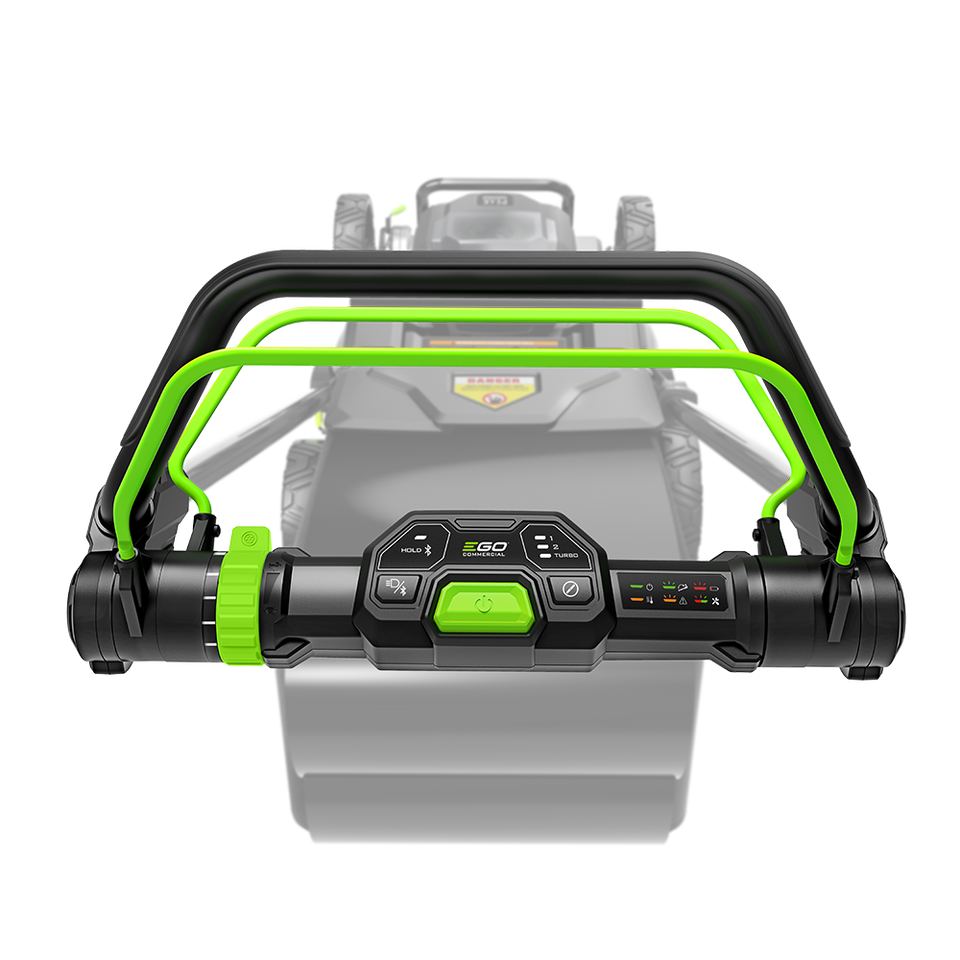 A close-up of a ego LMX5300SP lawnmower handlebar control unit with bright green accents, shown in front of a faded view of a lawnmower on a white background.
